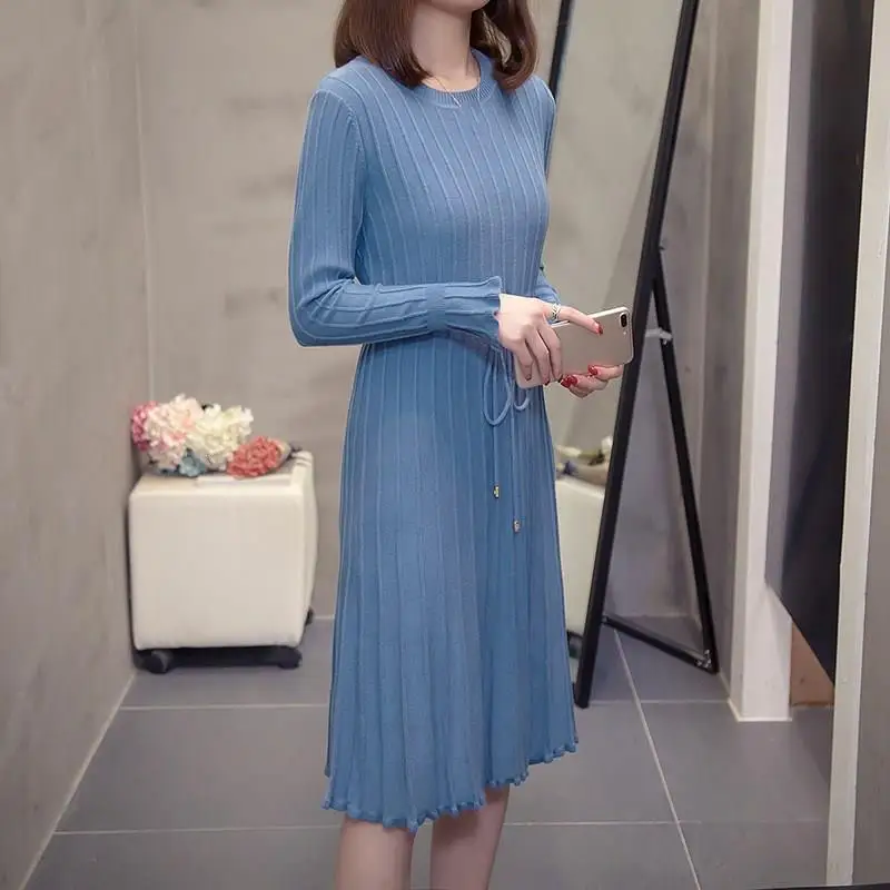 Длинное женское платье с круглым вырезом 2019 осеннее зимнее теплое