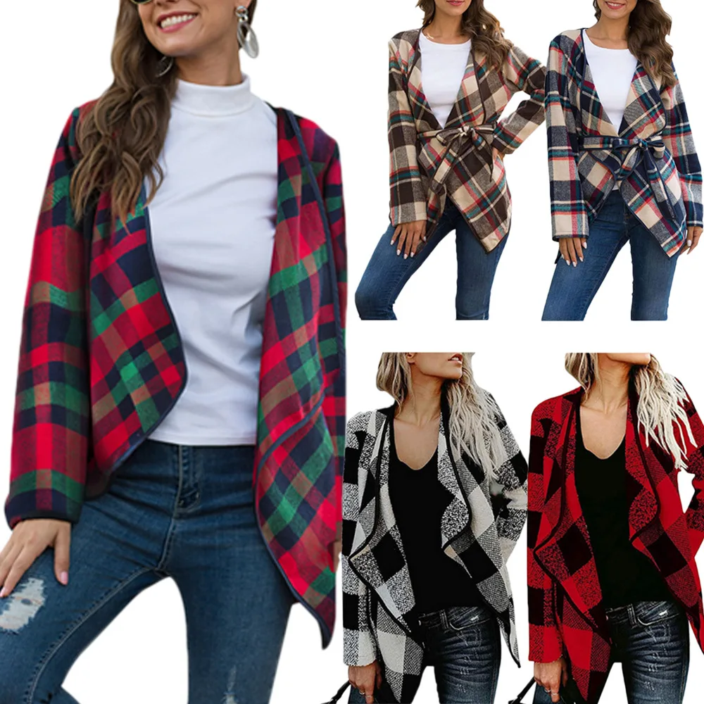 

Женское новое шерстяное пальто в клетку, куртка с поясом на бретельках