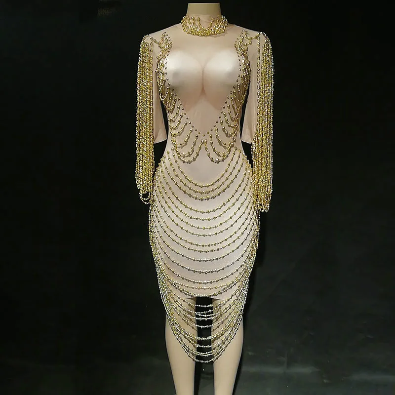 2020 New Women Sexy Dress Gold Pearls Sparkle Rhinestones Nightclub Birthday Party Stage Wear Dancer Singer Dance Costumes DJ DS | Дом и сад