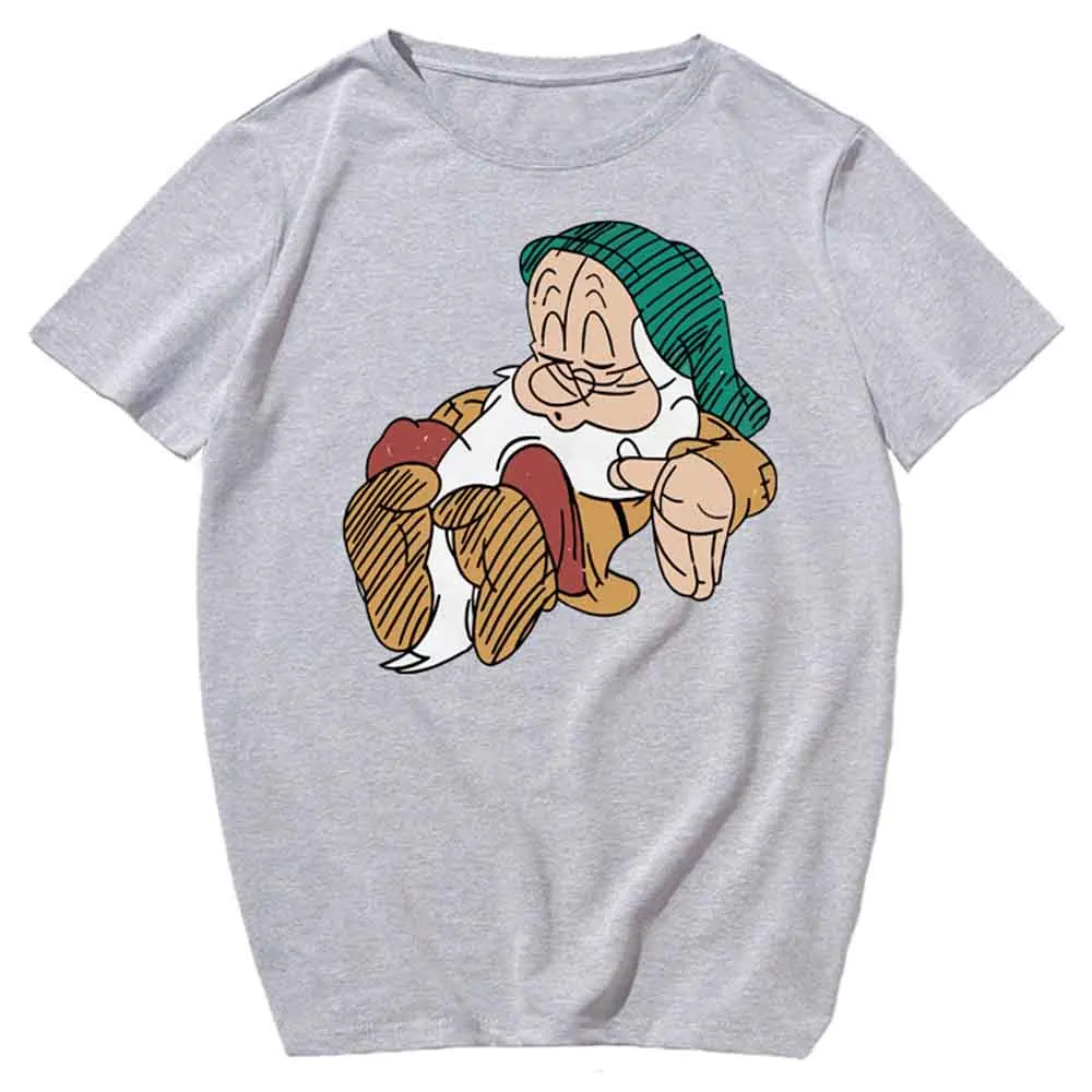 Стильный пуловер с мультяшным принтом семи гномов круглым вырезом и коротким