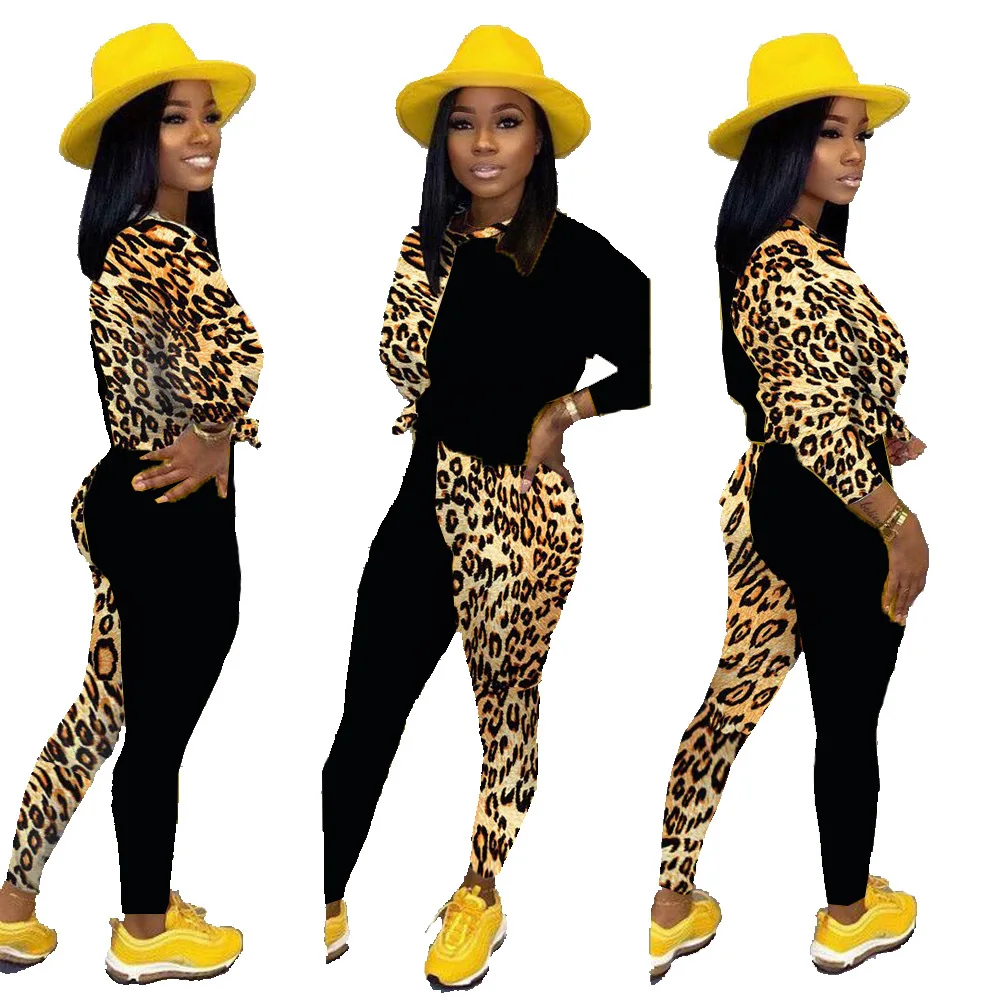 

HAOOHU Leopard Splice 2 Piece Set Women Tracksuit Fall Festival Clothing Top Pants Sweat Suits Two Piece Outfits Matching Sets