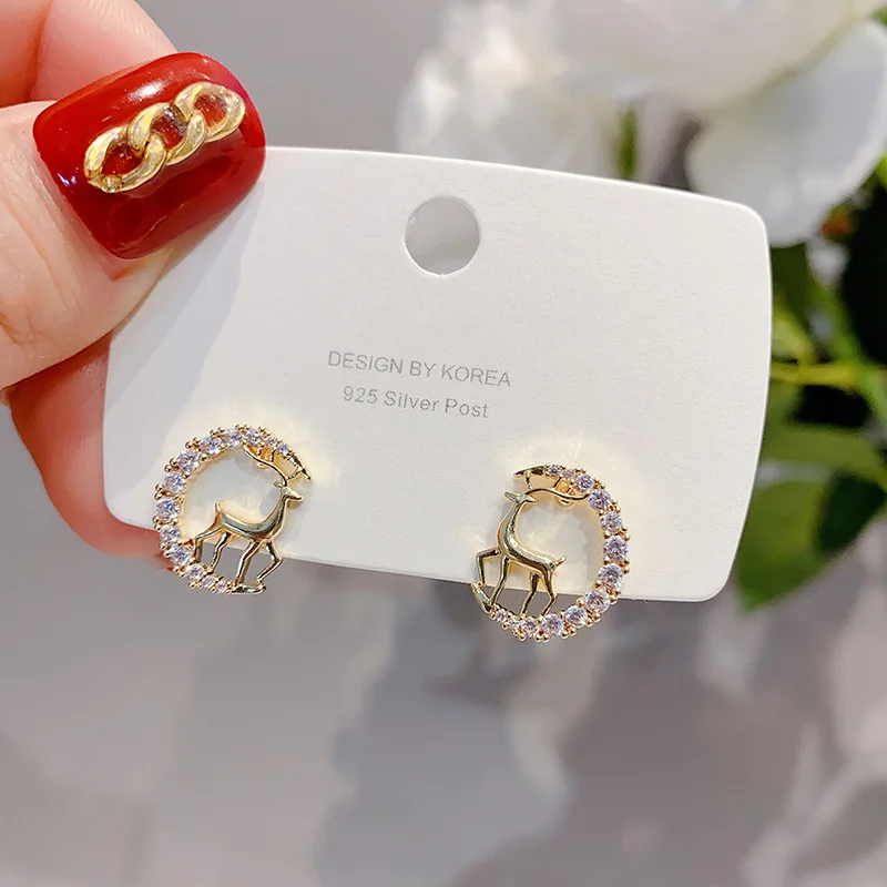 

Christmas Crystal Elk Stud Earrings For Women Fashion Zircon Snowflake Rhinestone Red Earring New Year Party Christmas Jewelry
