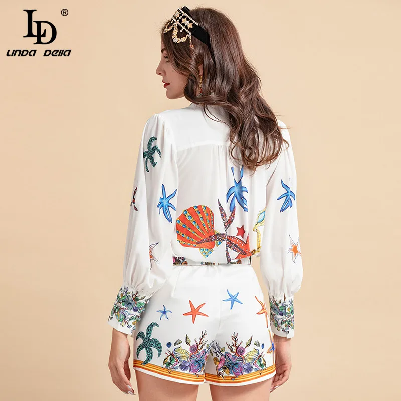 LD LINDA DELLA New 2022 Autumn Runway Casual Shorts Suit Women's Long sleeve shell Printed blouse and Shorts Two Pieces Set enlarge