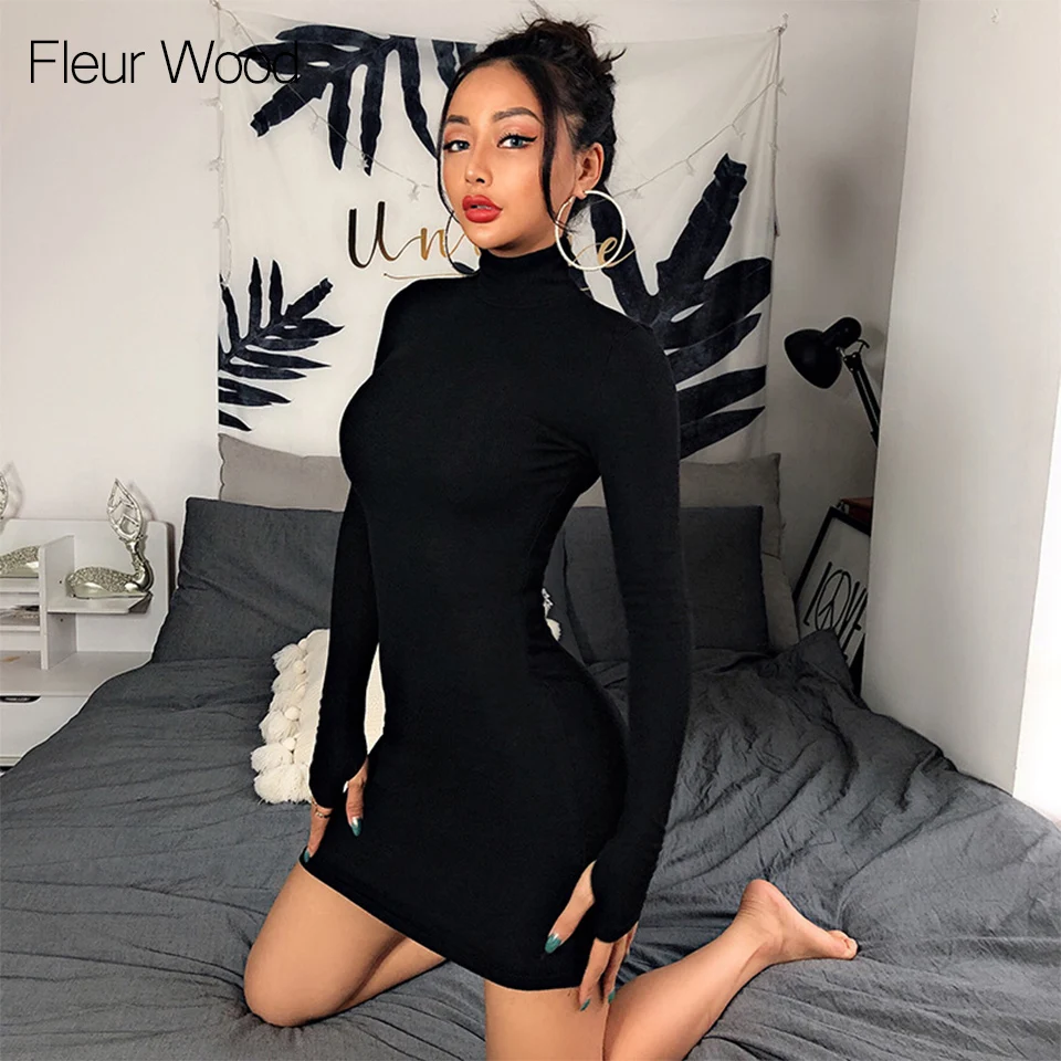 Женское обтягивающее платье FLEUR WOOD однотонное летнее с высоким воротником 2020 |