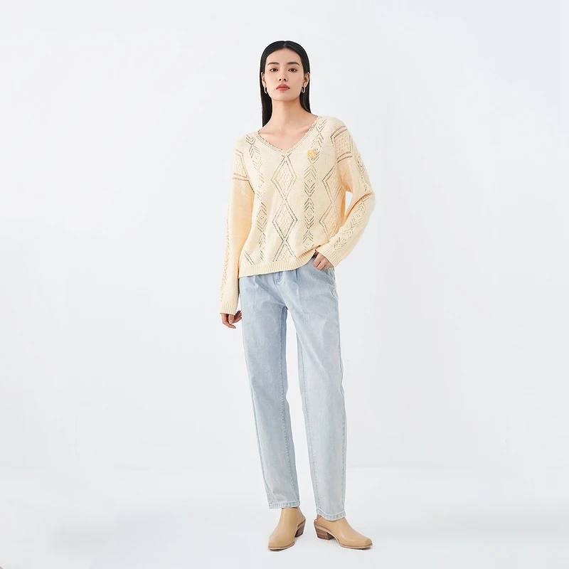 INMAN Women's Knitted Top Spring Autumn Sweet Elegant Three-dimensional Jacquard Beads Diamond Plaid Hollow Long Sleeve Sweater | Женская