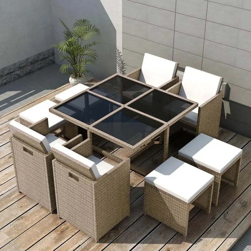 

AU WarehouseFurniture 9 Piece Outdoor Dining Set with Cushions Poly Rattan Beige