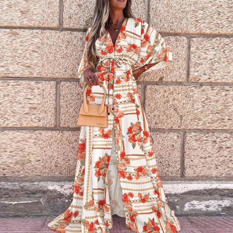 

Elegant Vintage Party Long Dress V Neck Long Sleeve High Waist Maxi Dress Hit Color Side Split Loose Summe Dresses 2021