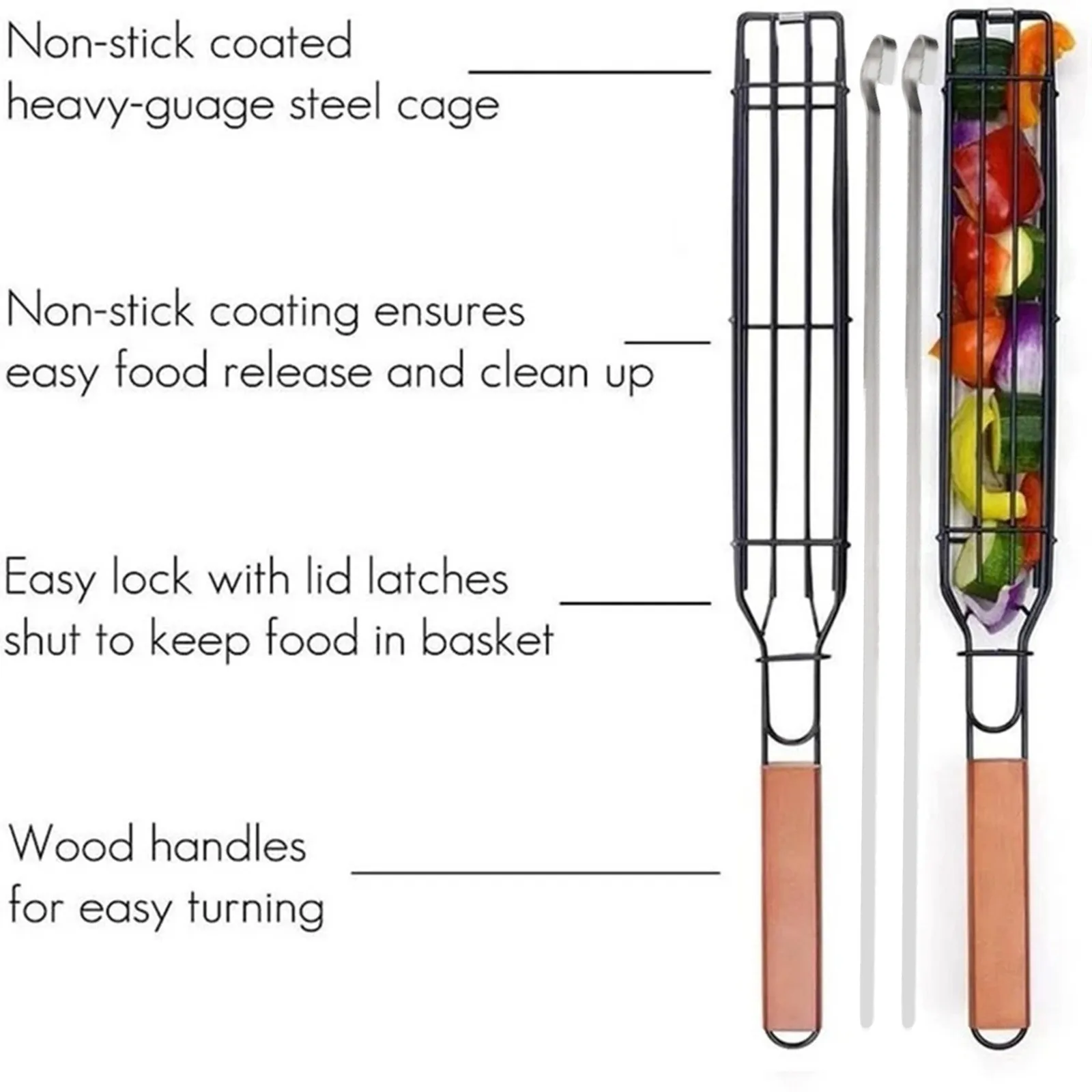 

4 Pcs Kabob Grilling Basket Reusable Durable Anti-corrosion Wooden Handle Barbecue Tool Grill Basket Grill Net For Co-worker