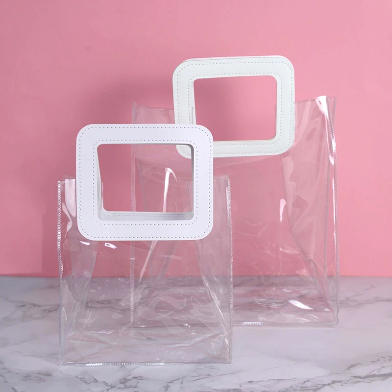 

1pc Transparent PVC Tote Gift Bags With Hand Loop Clear Handbag Flower Bouquet Packing Bags Cosmetic Birthday Gift Package Pouch