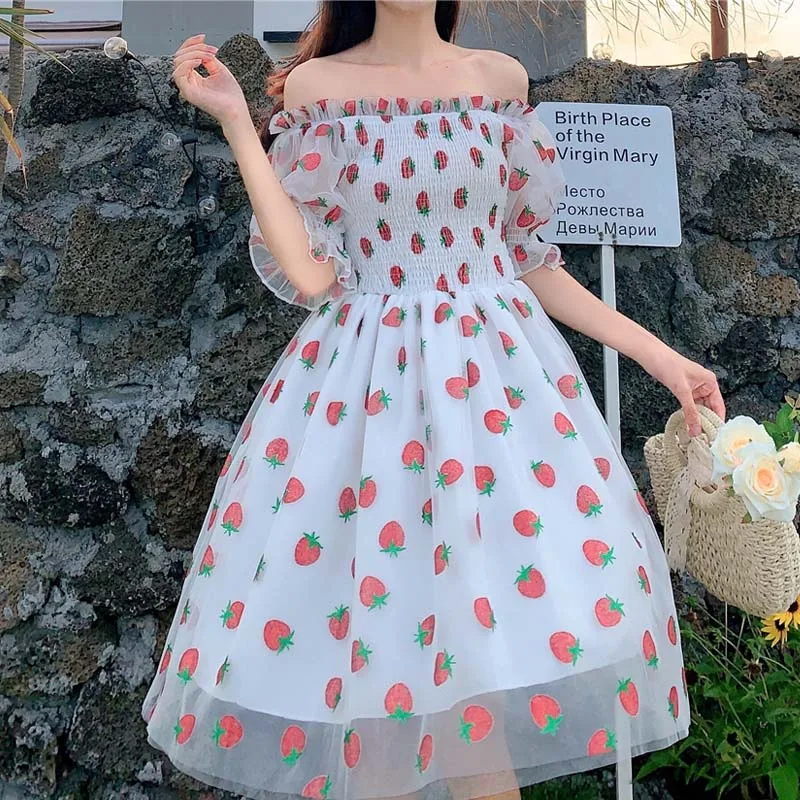 

2021 New Japanese Summer Kawaii Soft Girly Dress Elegant Square Collar Cute Puff Sleeve Sweety Girl Strawberry Loose Mesh Dress