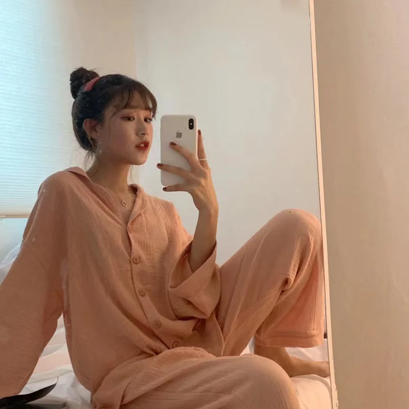 Spring Autumn Women's Sleep Lounge Pajamas Set 100% Gauze Cotton Sleepwear Long Sleeve Trousers Pyjamas Suits