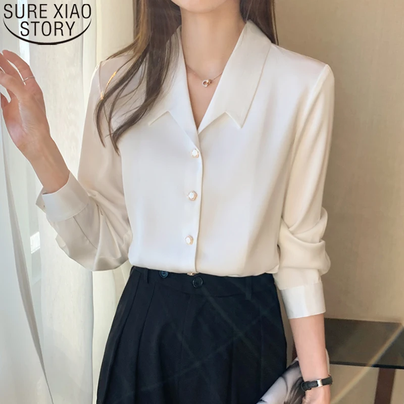 

Korean Long Sleeve Silk Shirt Autumn Girl Tops Elegant Office Lady Satin Blouse Women Casual Plus Size Beading White Shirt 17792