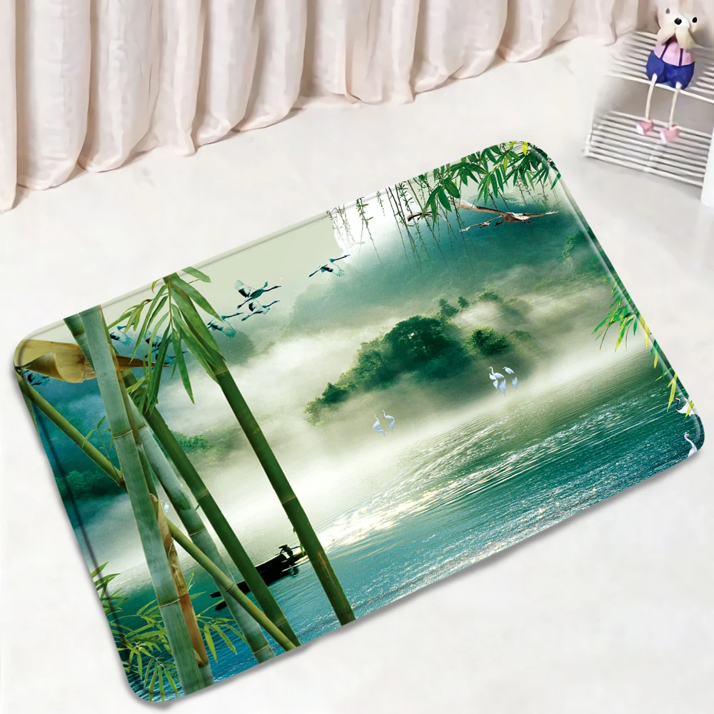 

Green Bamboo Forest Bath Mat Chinese Style Rural Natural Landscape Non-Slip Water Absorption Living Room Carpet Bathroom Mats