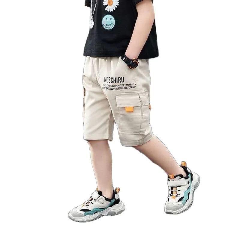 

Summer Cotton Blend Boys Five Points Pants New 2022 Korean Version Fashion Letter Handsome Casual Overalls Children's Clothing