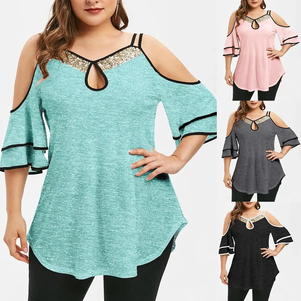 

Women Sequins Neck Cold Shoulder Ruffled Sleeve Irregular Hem t shirt vetement femme женские туники летние 2020