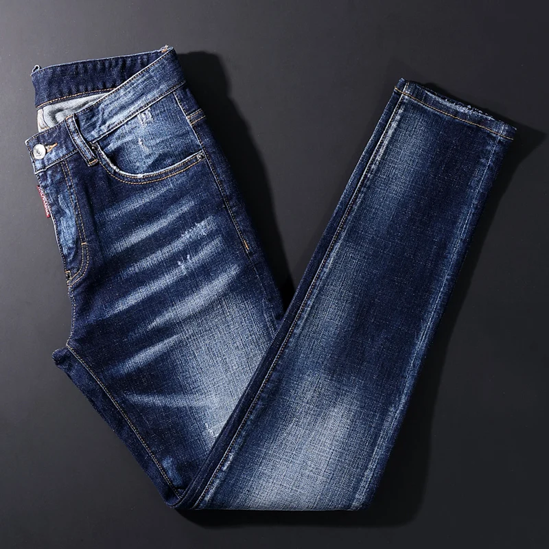 Italian Style Fashion Men Jeans High Quality Retro Blue Elastic Slim Fit Ripped Jeans Men Brand Designer Vintage Denim Pants