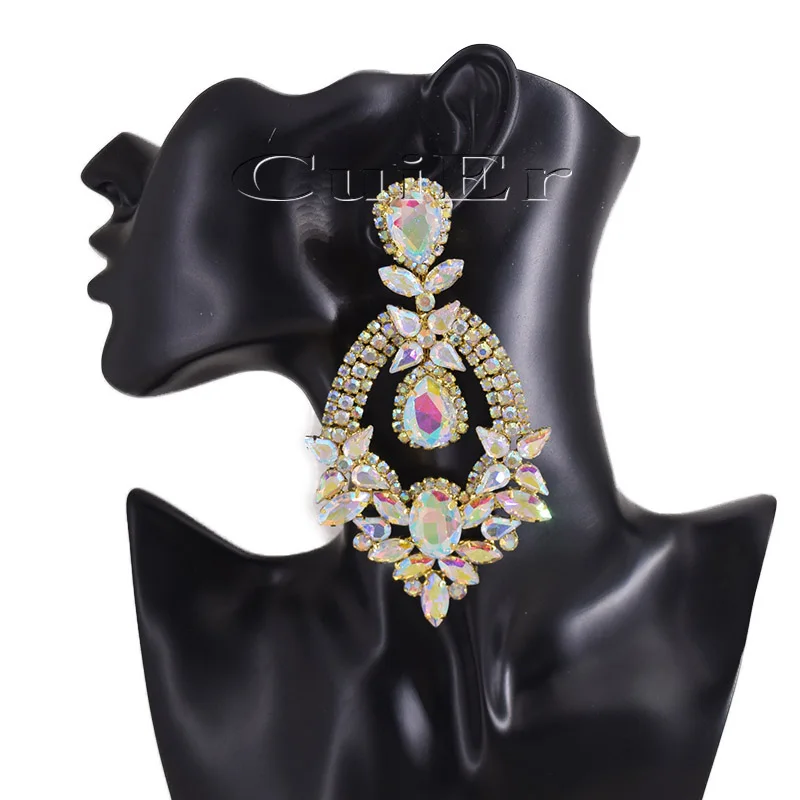 

CuiEr 4.5" Gold Crystal AB Statement Earrings Drag Queen Pageant Fashion Women Jewelry for wedding bridal Rhinestones