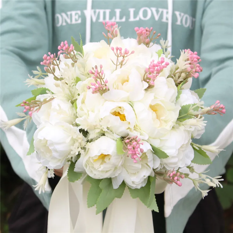 B-white YO CHO Свадебная роза букет невесты пион листья эвкалипта букеты высокое качество искусственный шелк цветы композиция - Цвет: B-white
