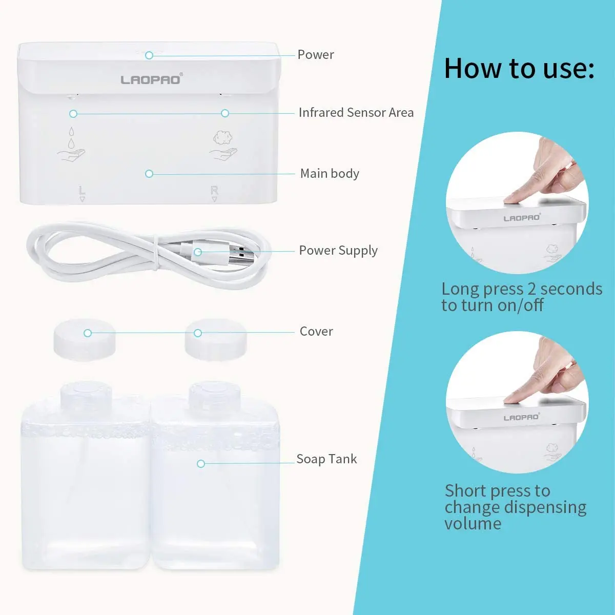 

LAOPAO Soap Dispenser, Double Outlet Foam Soap Dispenser, Rechargeable Foaming Soap Dispenser Xmas Gift Dish Soap Pump for Bathr
