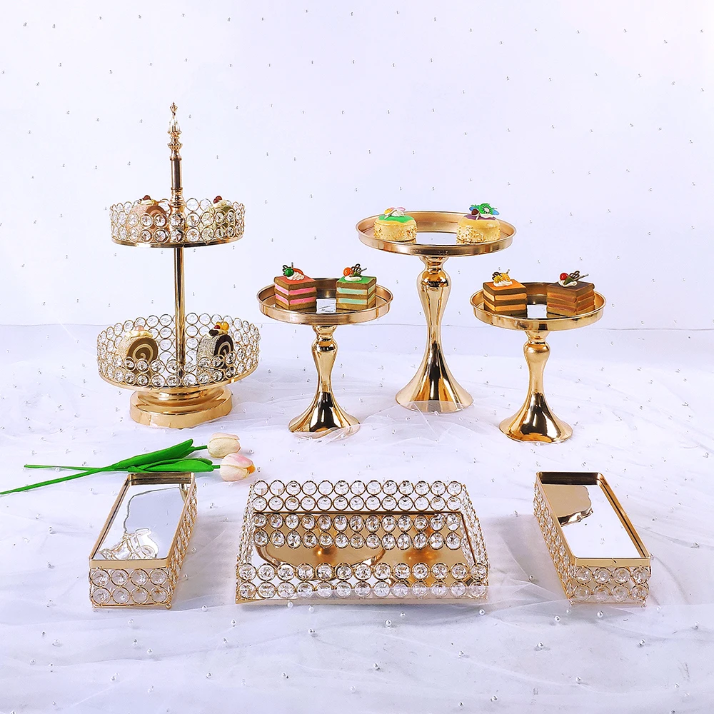 

7pcs Acryl Mirror Metal Cake Stand Set Round Wedding Birthday Party Dessert Gold Cupcake Pedestal Display Plate Home Decor