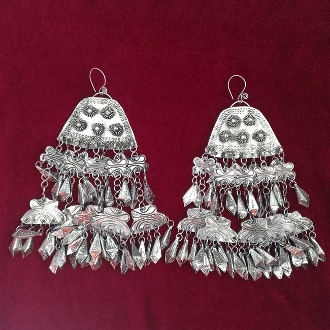 

NATIONAL STYLE RETRO EARRINGS YANG LIPING STYLE EXAGGERATED EARRINGS HANDMADE MIAO SILVER LONG FRINGE EARRINGS