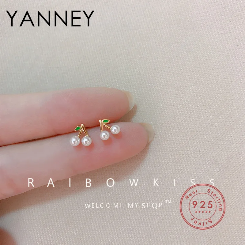 

YANNEY 2022 Trendy Silver Color Cherry Pearl Stud Earrings Fashion Woman Simple And Exquisite Fruit Jewelry