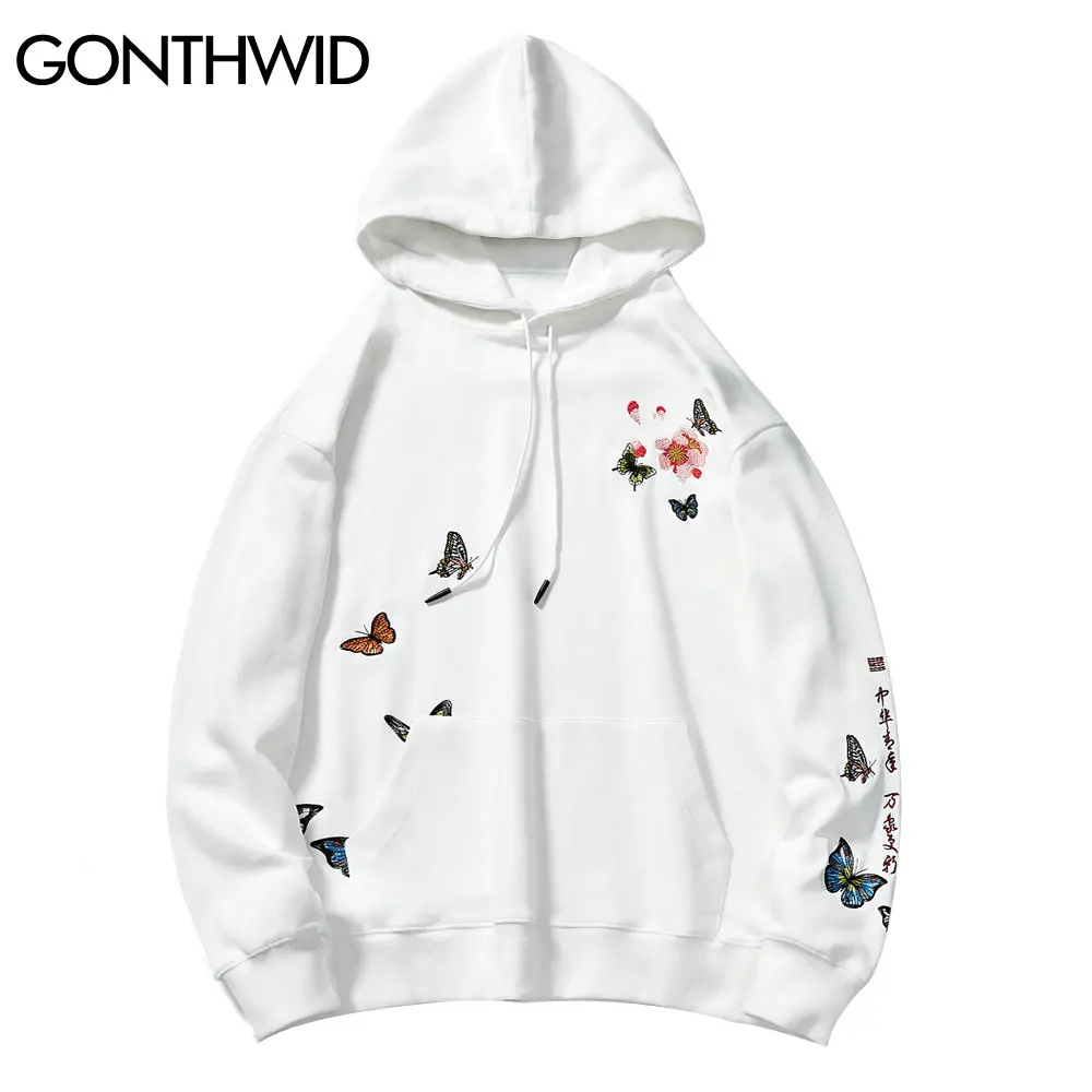 

GONTHWID Chinese Style Embroidery Butterfly Flowers Sweatshirts Hoodies Streetwear Harajuku Hip Hop Casual Pullover Hooded Tops