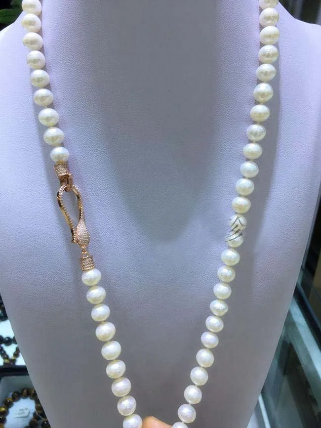 

Fresh water pearl 8-9mm near round necklace sweater chain 925 silver fine jewelry inlay zircon Clasp 25inch