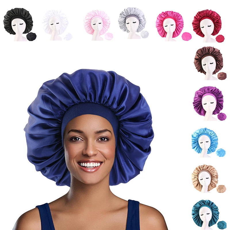 

Large Satin Silky Bonnet Sleep Cap with Premium Elastic Band For Women Solid Color Head Wrap Brimmed Nightcap Hair Care Caps
