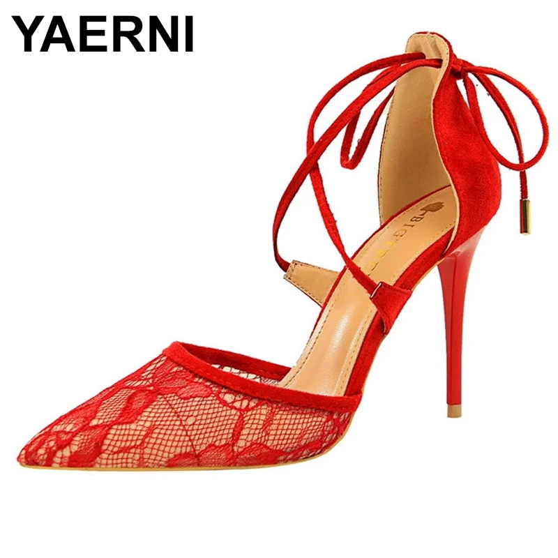 

Женские сетчатые сандалии YAERNI, пикантные босоножки с цветочным кружевом, заостренным носком, вырезами и перекрестной шнуровкой, обувь на вы...