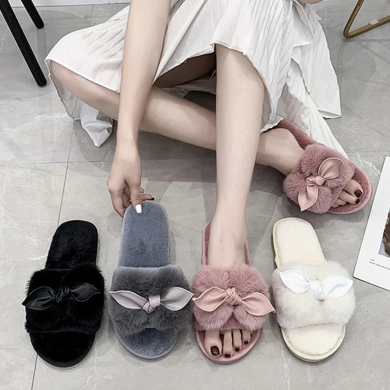 

Women Slippers Open Toe Bow Warm Plush Faux Fur House Slipper Female Lovely Sweet Comfortable Winter Indoor Floor Slipper New