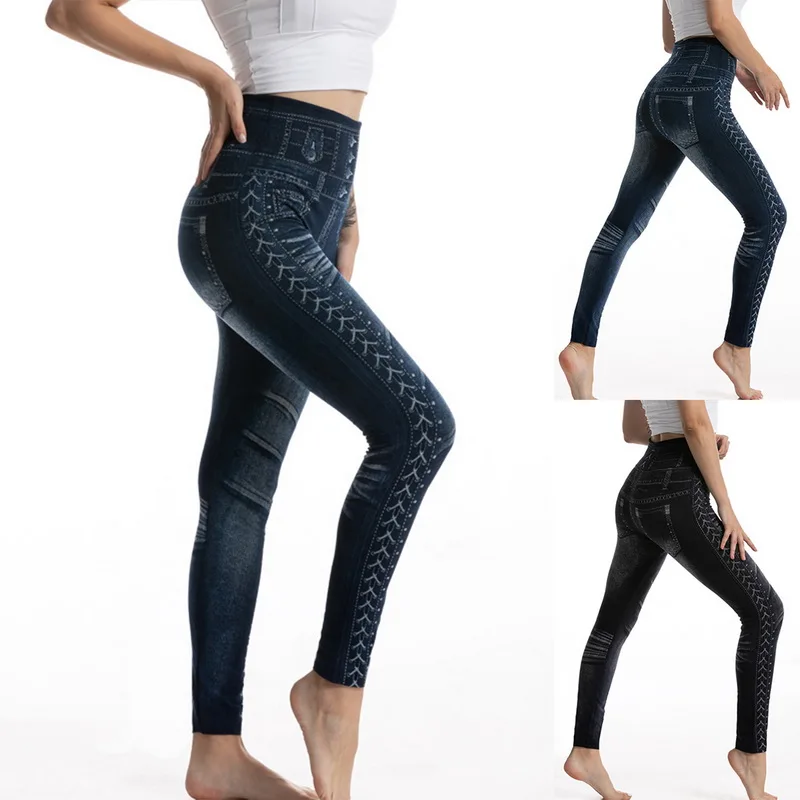 

Women 2021 Imitation Distressed Denim Jeans Leggings Casual High Waist Slim Elastic Pencil Pants Fitness Workout Fashion Legging
