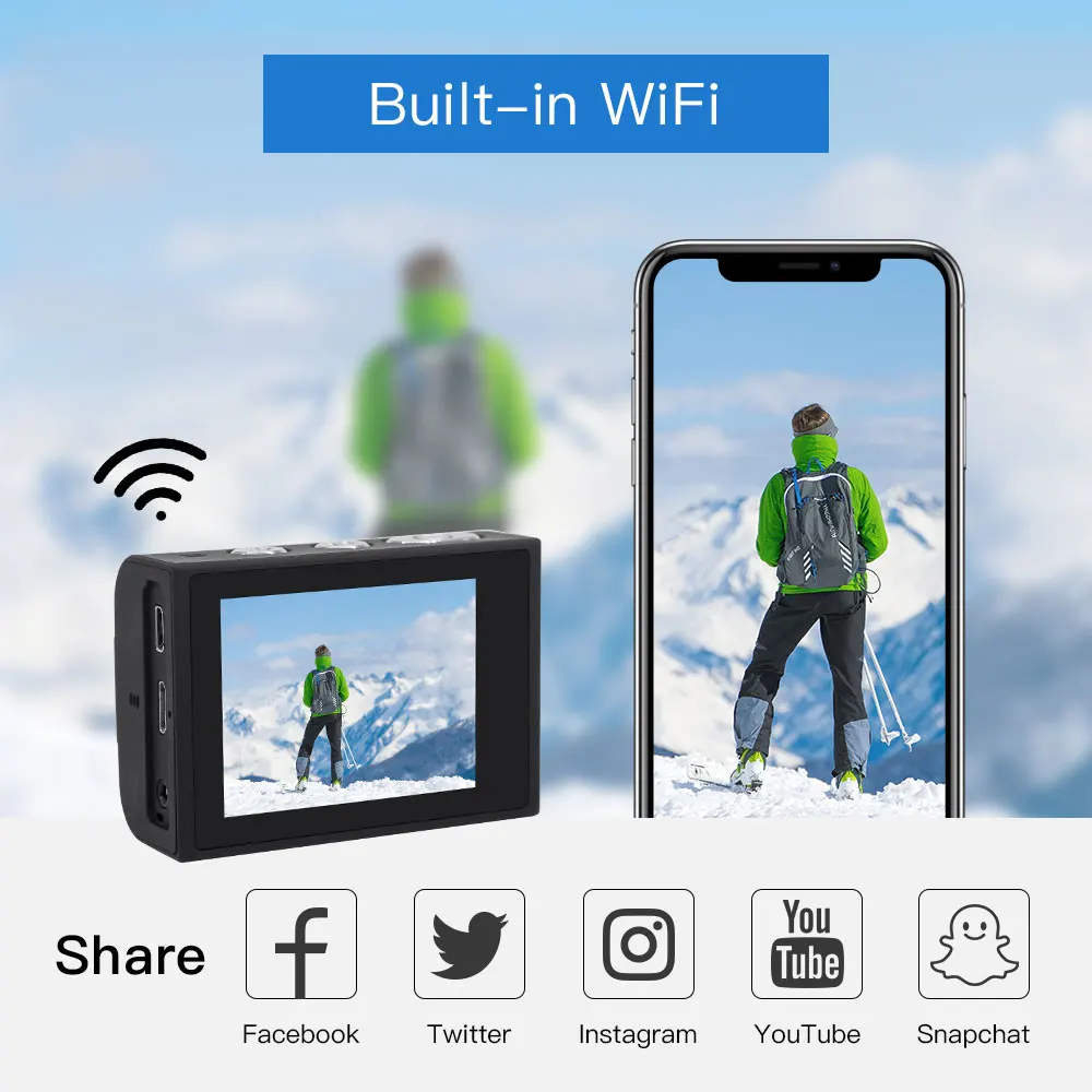 Экшн камера HD 4K Спортивная со встроенным Wi Fi EIS внешний микрофон с дистанционным