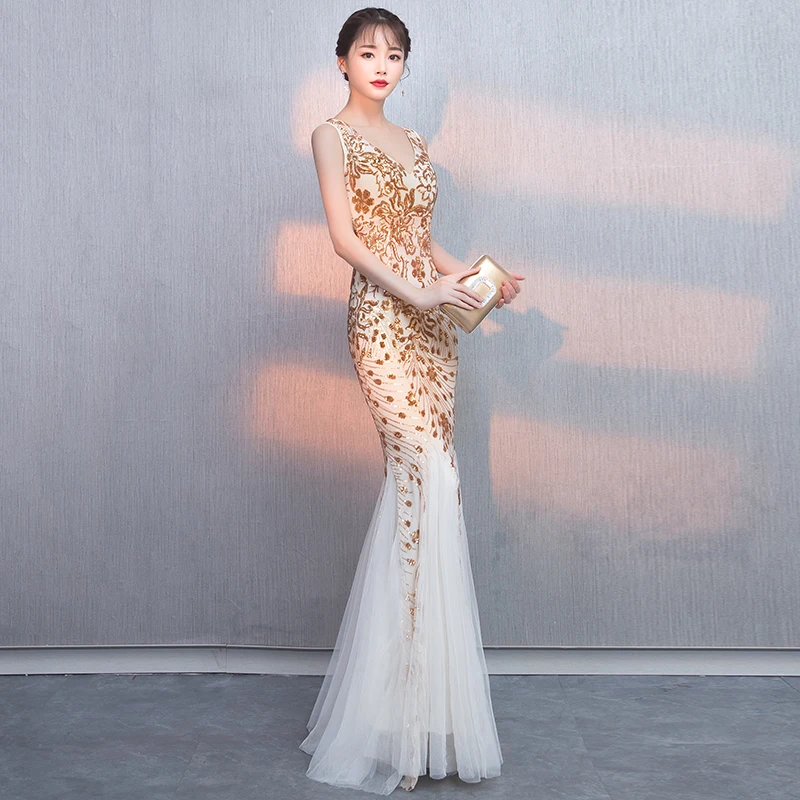 Женское вечернее платье-русалка Элегантное Длинное золотистое платье с