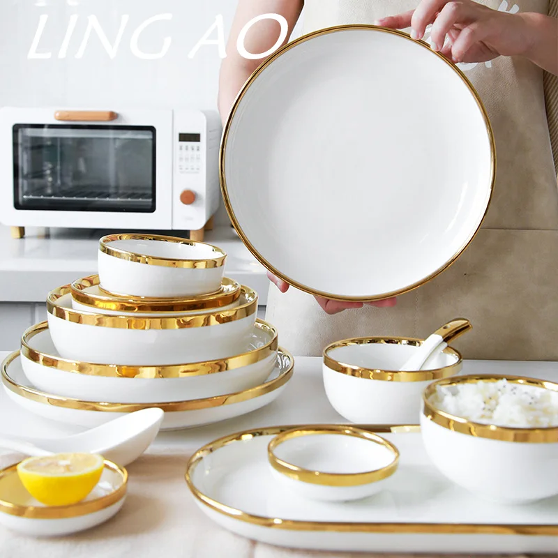 

LingAo светильник шный керамический Европейский тип риса с позолоченными краями, лапша, миски для супа, посуда, набор посуды