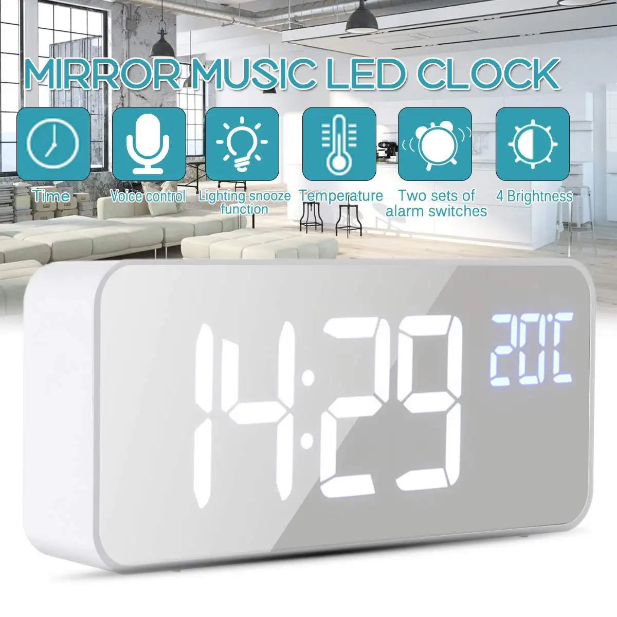 

Музыкальный будильник, светодиодный цифровые часы, будильник, голосовое управление, Повтор сигнала, дисплей температуры, зеркальные светод...