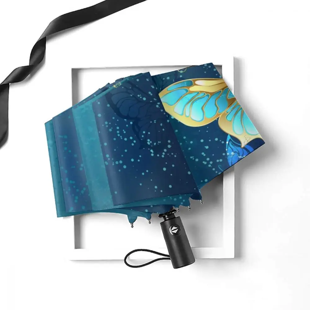 Автоматический зонт летающий Золотой ювелирный Зонт с бабочкой на синем