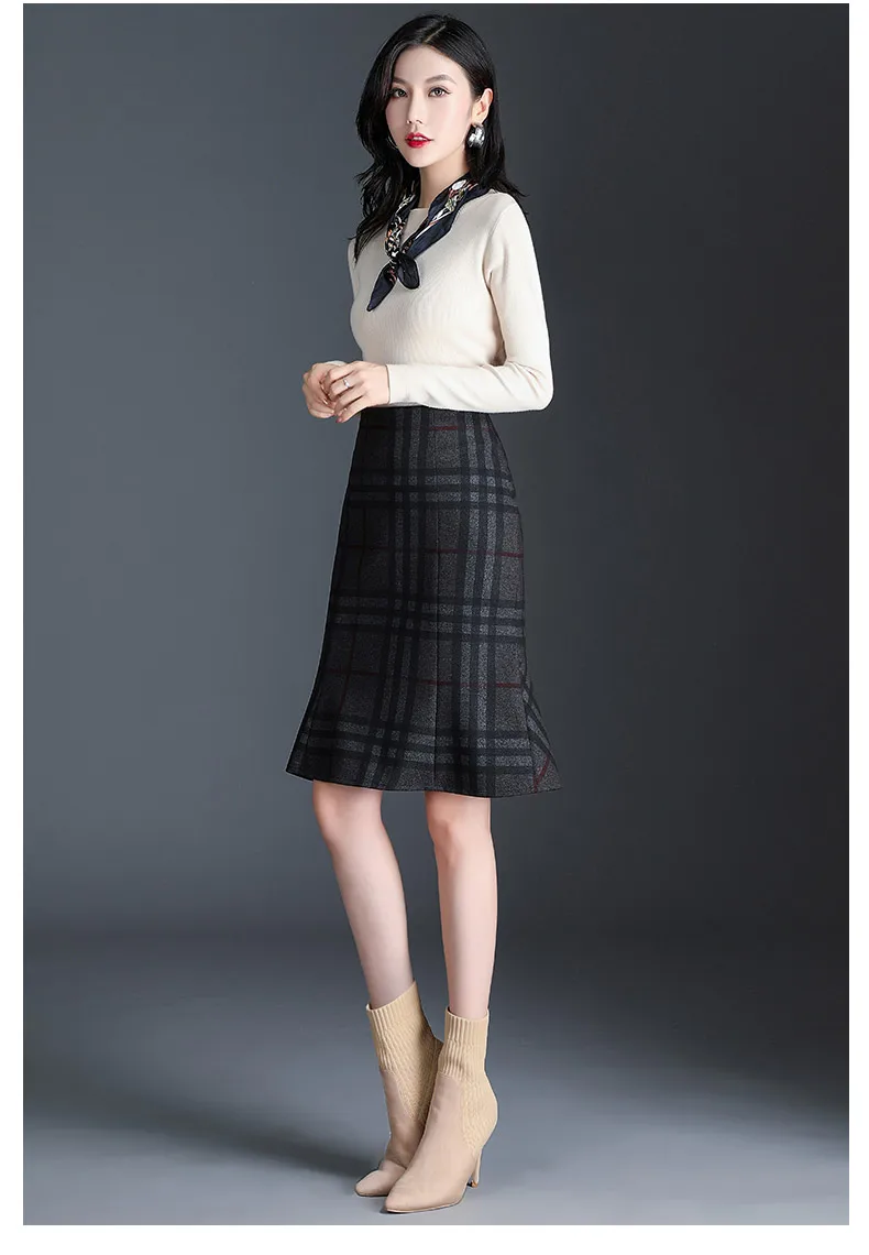 New Fall Winter Knit Skirt Women Gray Lattice High Waist Ruffle Mermaid Skirt S-3XL Plus Size Pencil Skirt Female