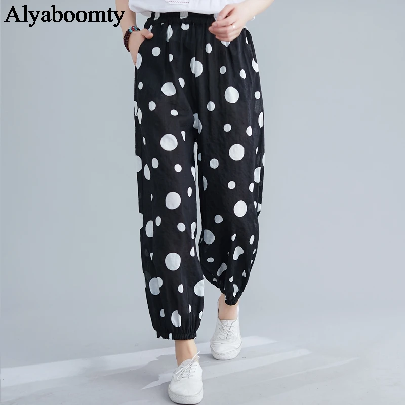 Женские брюки с высокой талией синего и черного цвета в горошек тонкие хлопковые