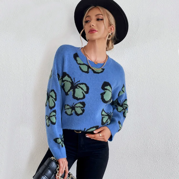 

Retro Style Lazy Sweater Women Loose 2021 New European and American Round Neck Butterfly Sweater