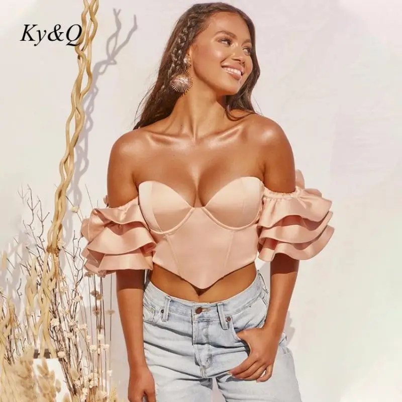 Атласный корсет-бюстье топ женские рубашки с оборками и рукавами-фонариками