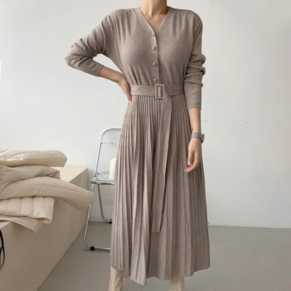 

Party Dresses For Women 2021 New Autumn Winter Korean Style Knitted Mid-Length Pleated Sweater Dress Vestidos Slim Vintage Chic