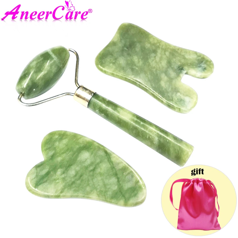 Многоцветный 3pcs Natural Jade Stone Guasha Massage Tool Acupuncture SPA Therapy Facial Slimming Massager Scraping Board Antistress Body - Цвет: Многоцветный