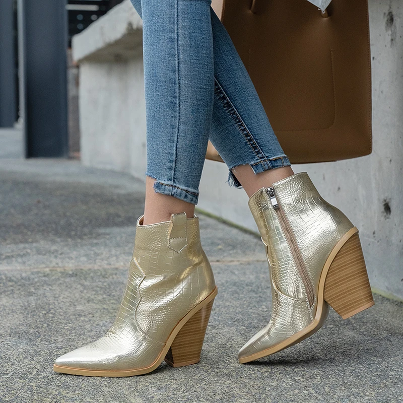 Женские ковбойские ботинки из ПУ кожи с острым носком на высоком каблуке | Обувь