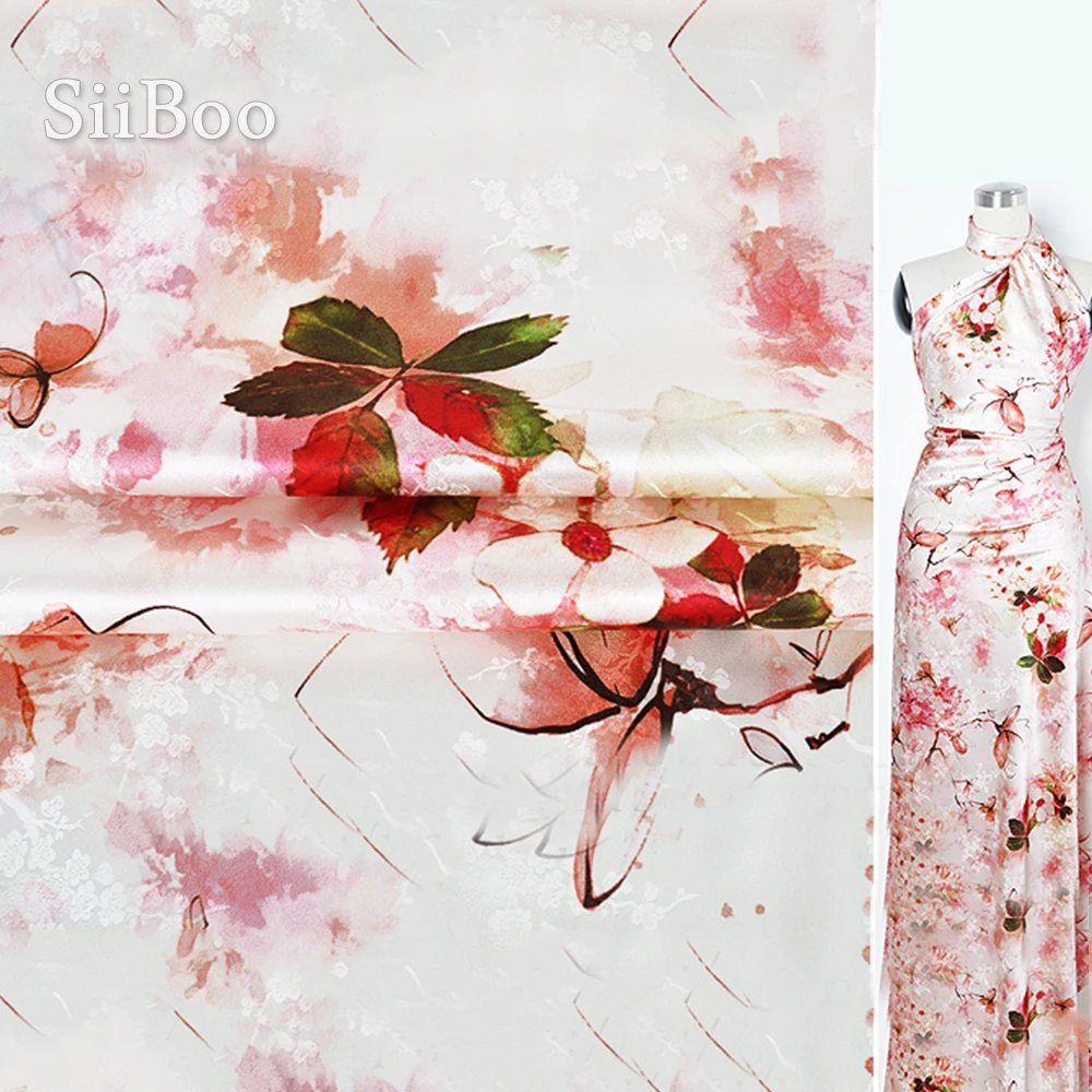 Роскошная розовая жаккардовая ткань с цветочным принтом из спандекса шелковая