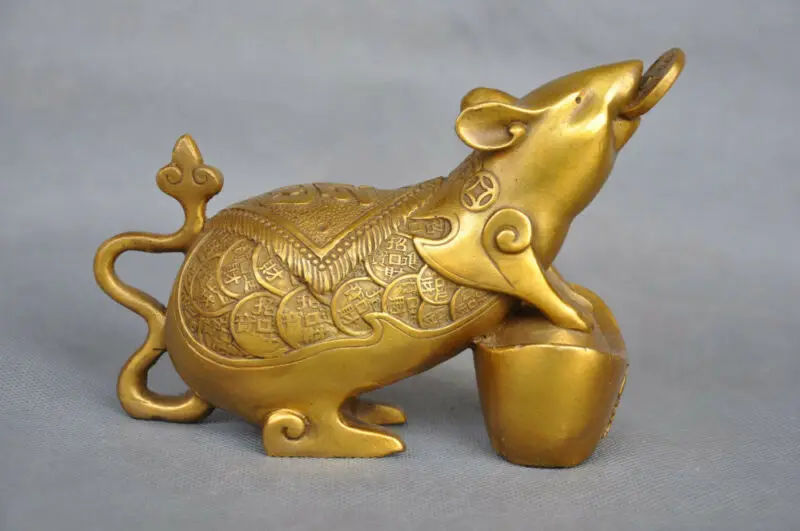 Изысканная коллекция китайская статуя зодиака крыса деньги Yuanbao бронзовая