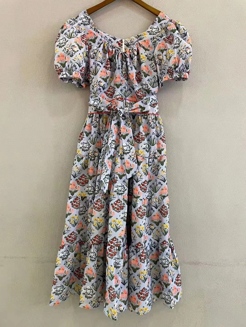 

Женское платье с V-образным вырезом, Повседневное платье до середины икры с цветочным принтом, бантом на поясе и коротким рукавом, лето 2022