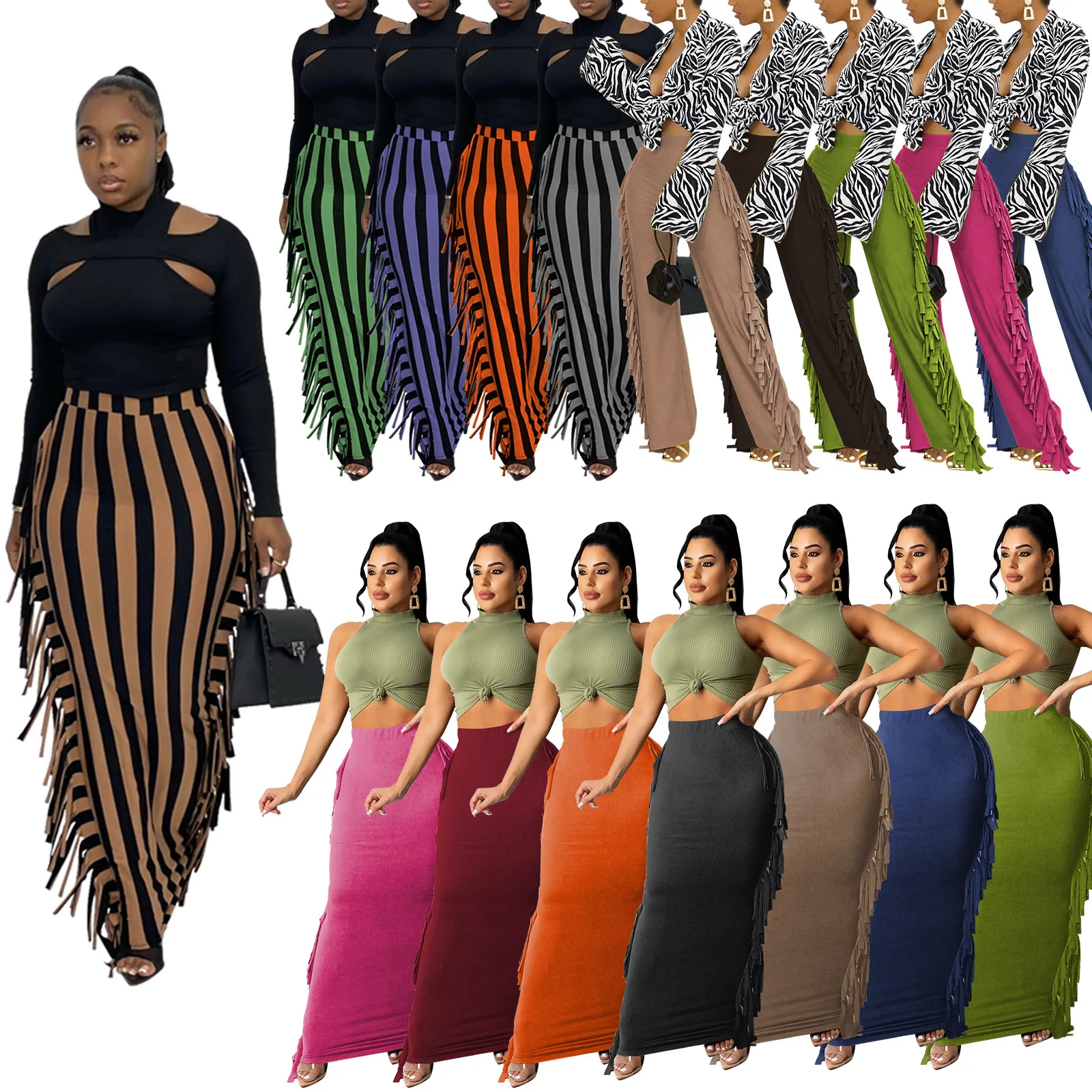 

Echoine Side Tassel Fringe Midi Skirt Hight Waist Striped Print Long Skirt Skinny Bodycon Party Skirts Clubwear Elegant Clothes