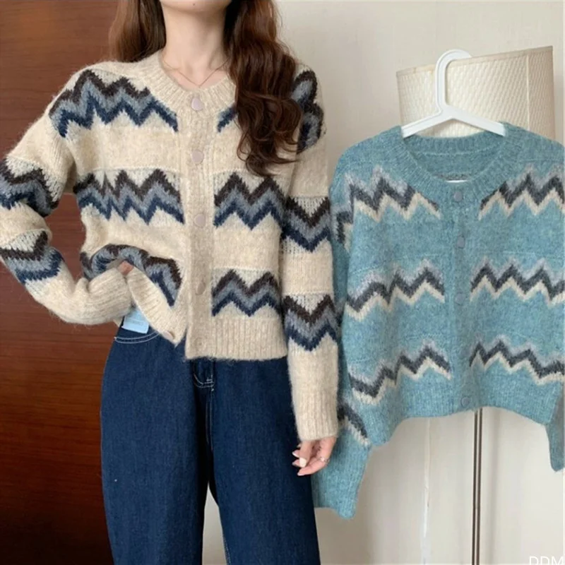 

2021 Knitted Sweater Cardigan Women Long Sleeve Fashion Casual Harajuku Print O-Neck Single Breasted Loose Sweater Clothes