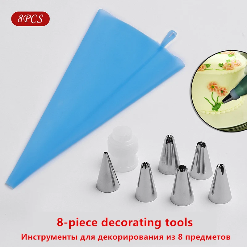 

8Pcs/Set Icing Piping Cream Pastry Reusable Pastry Bag with 6 Stainless Steel Nozzle Baking Accessories Cake Decoration Tools